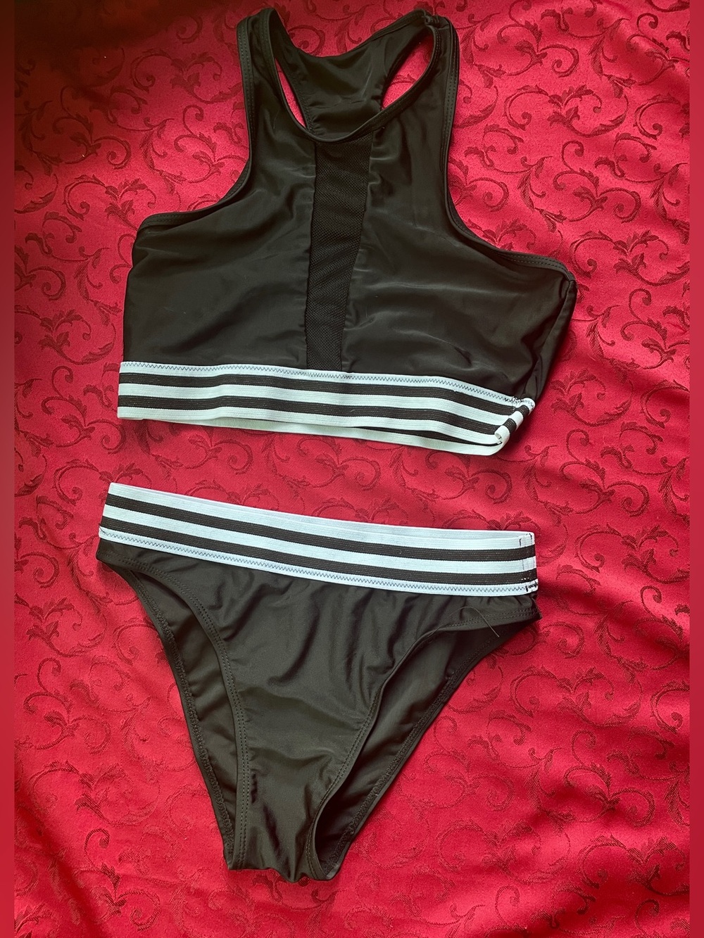Black and White Striped Mesh Two-piece Swim Suit, XS/S